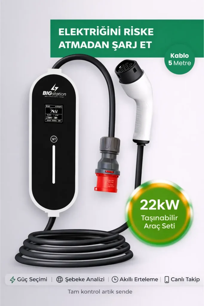 BIGstation 22kW Taşınabilir Akıllı EV AC Şarj Cihazı Wi-Fi Destekli (3 Metre)